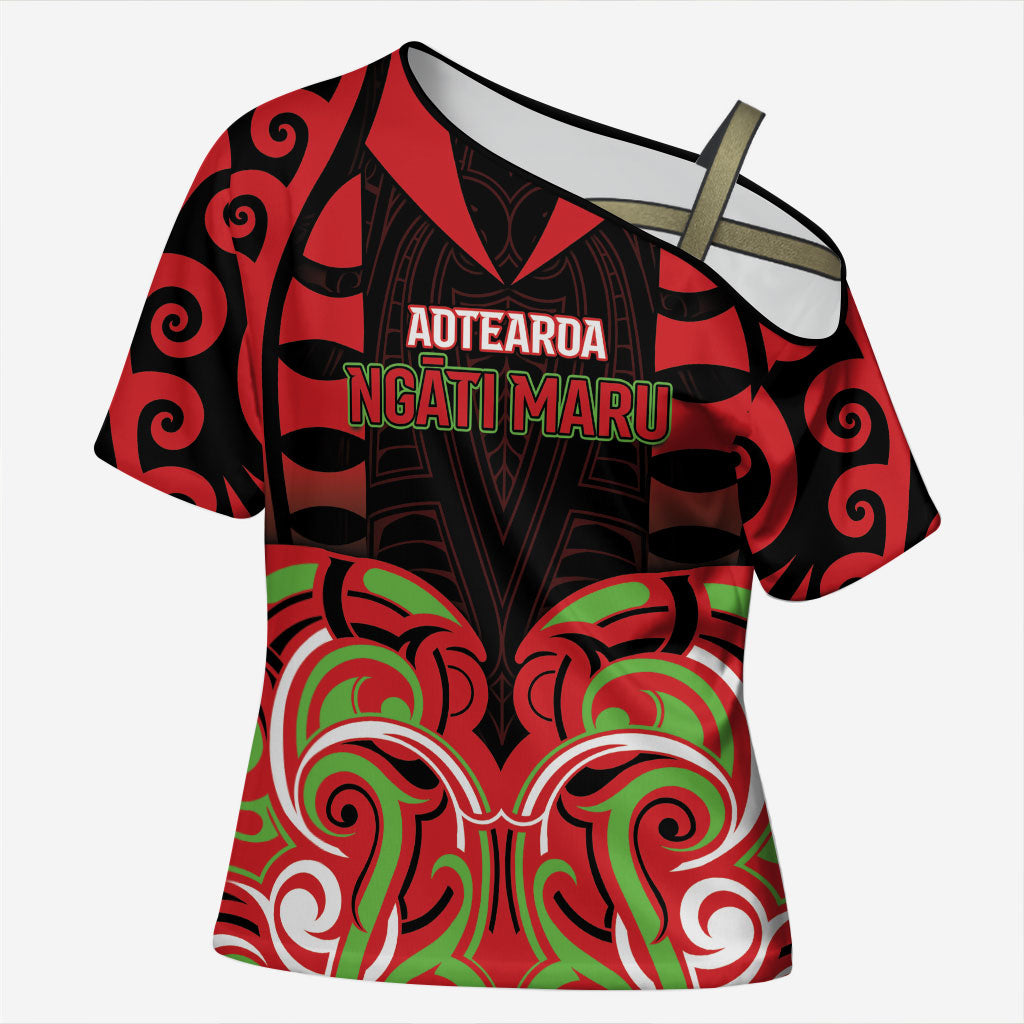Custom Aotearoa Ngati Maru Cross Shoulder Shirt New Zealand Traditional Maori Pattern DT05 Female Red - Polynesian Pride