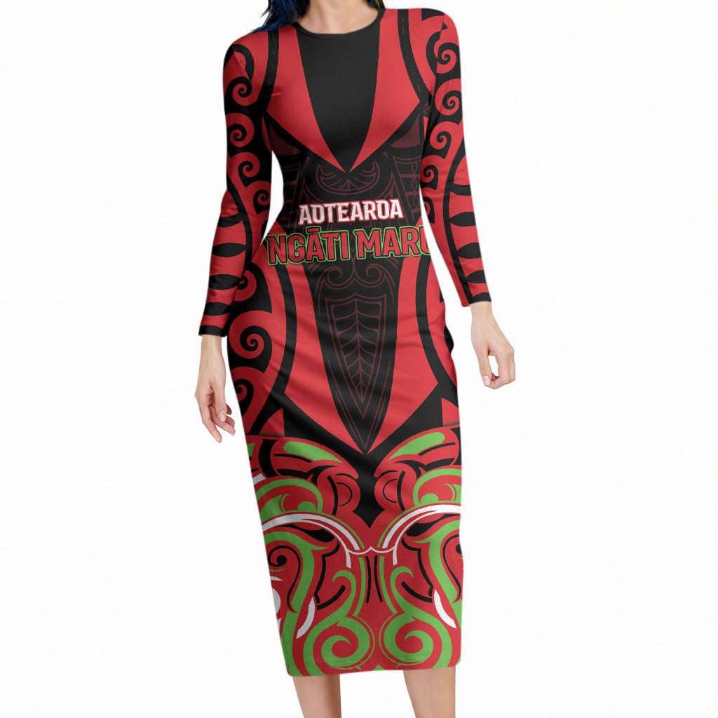 Custom Aotearoa Ngati Maru Long Sleeve Bodycon Dress New Zealand Traditional Maori Pattern DT05 Long Dress Red - Polynesian Pride