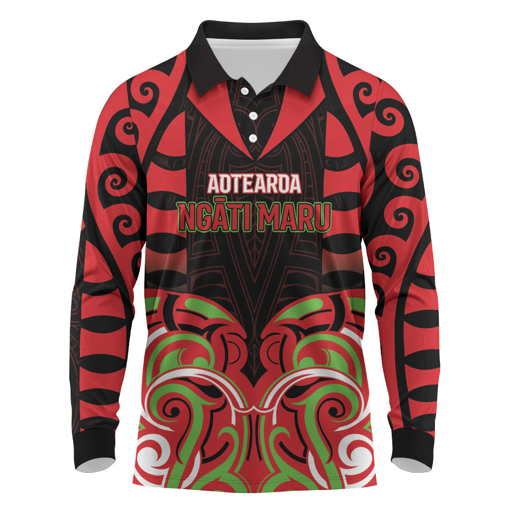 Custom Aotearoa Ngati Maru Long Sleeve Polo Shirt New Zealand Traditional Maori Pattern DT05 Red - Polynesian Pride