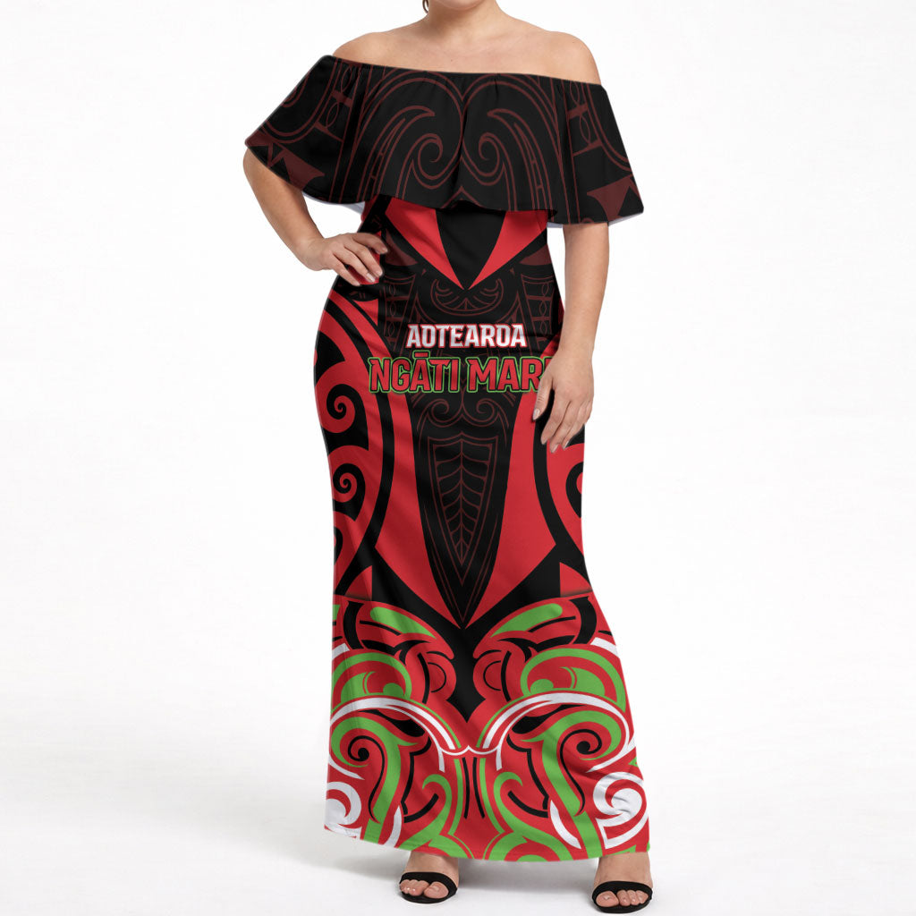 Custom Aotearoa Ngati Maru Off Shoulder Maxi Dress New Zealand Traditional Maori Pattern DT05 Women Red - Polynesian Pride