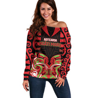 Custom Aotearoa Ngati Maru Off Shoulder Sweater New Zealand Traditional Maori Pattern DT05 Women Red - Polynesian Pride