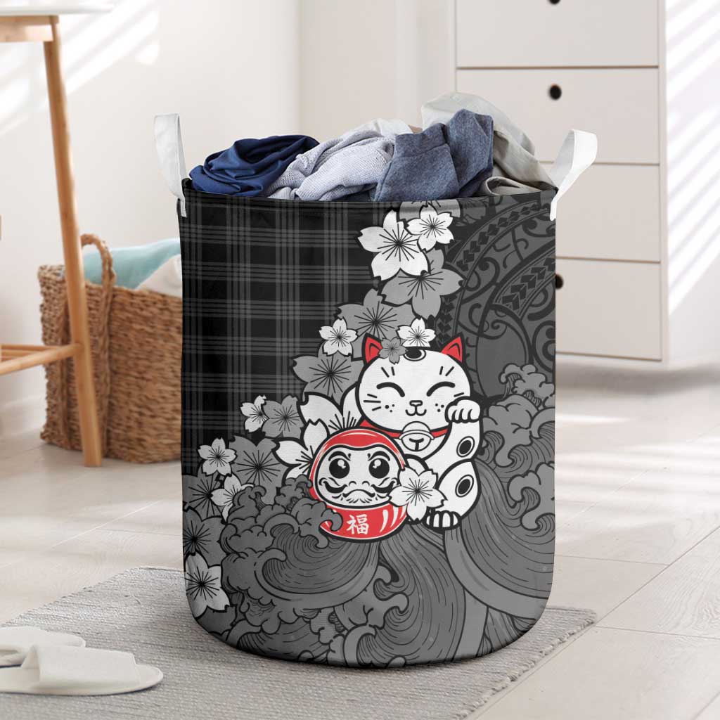 Black Palaka Hawaiian And Japanese Laundry Basket Maneki Neko And Sakura Bloom DT05 Black - Polynesian Pride