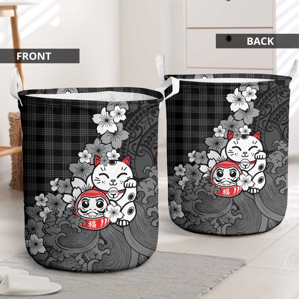 Black Palaka Hawaiian And Japanese Laundry Basket Maneki Neko And Sakura Bloom DT05 - Polynesian Pride