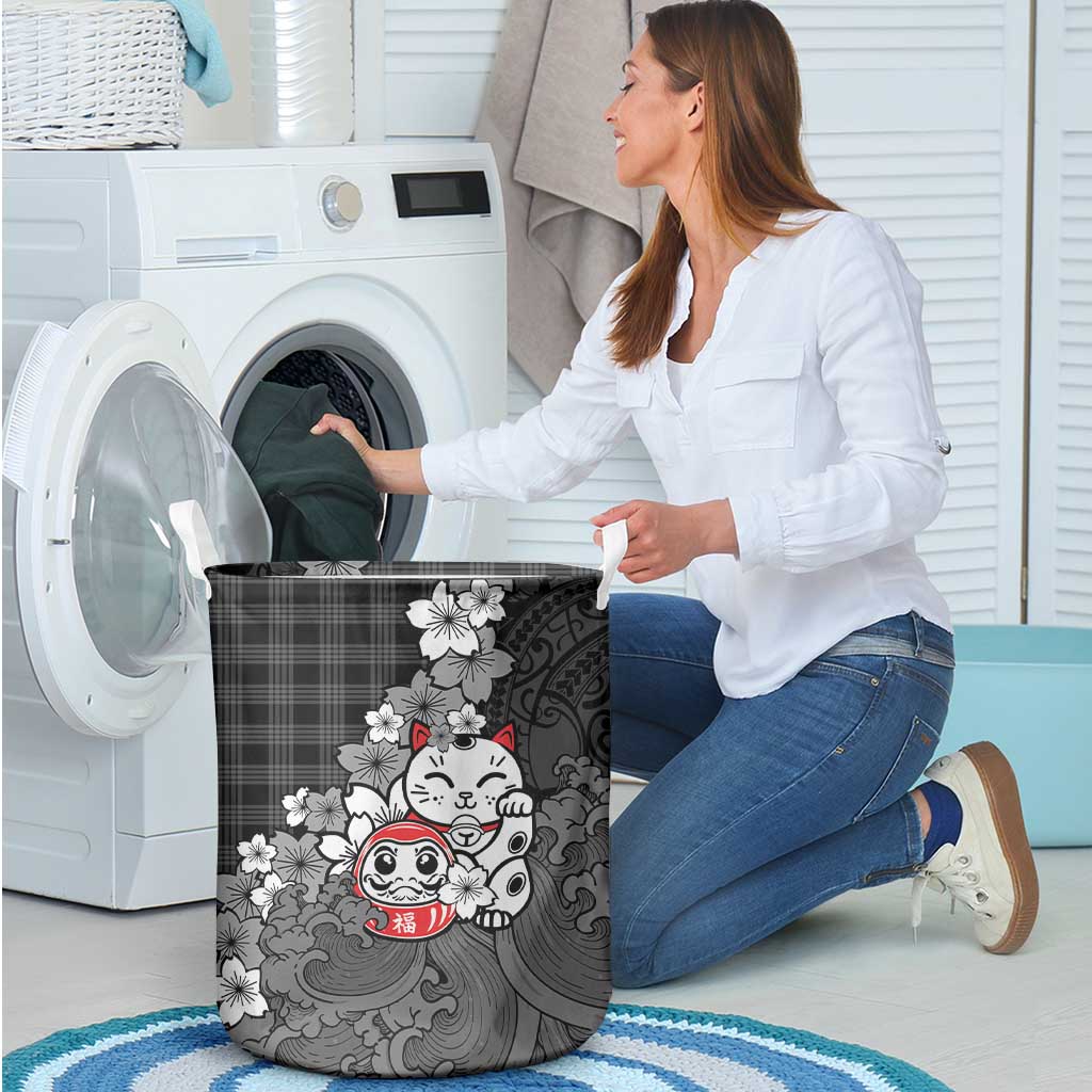 Black Palaka Hawaiian And Japanese Laundry Basket Maneki Neko And Sakura Bloom DT05 - Polynesian Pride