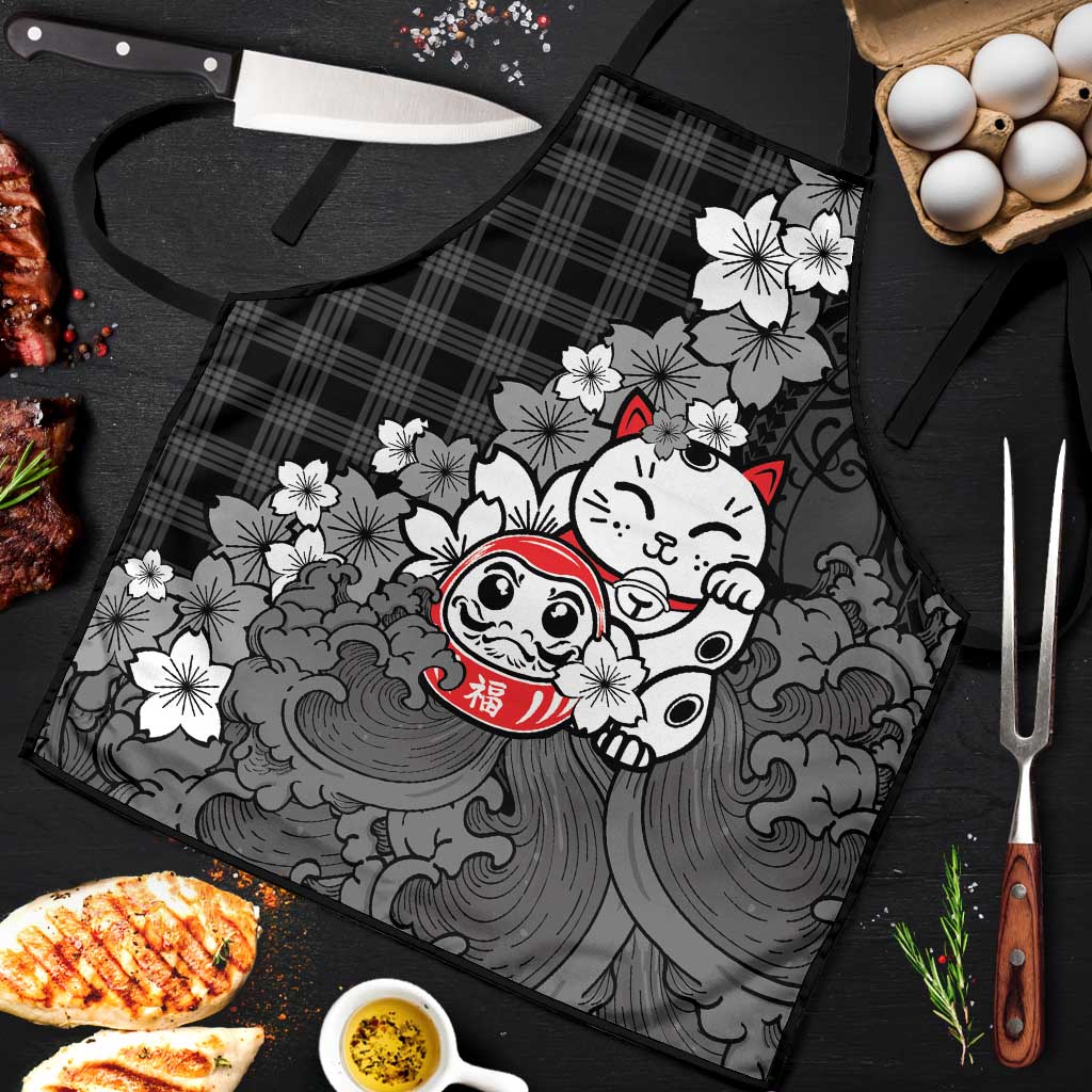Black Palaka Hawaiian And Japanese Apron Maneki Neko And Sakura Bloom DT05 Black - Polynesian Pride