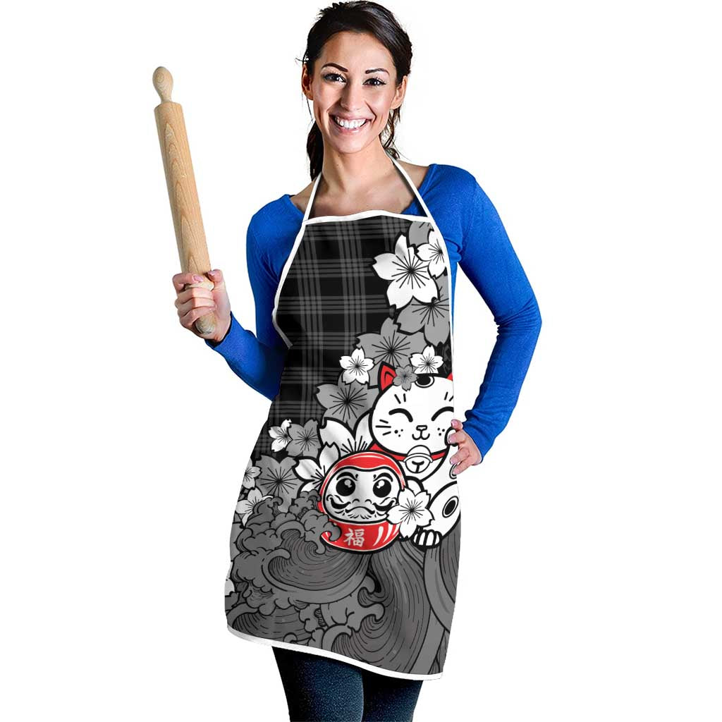 Black Palaka Hawaiian And Japanese Apron Maneki Neko And Sakura Bloom DT05 - Polynesian Pride