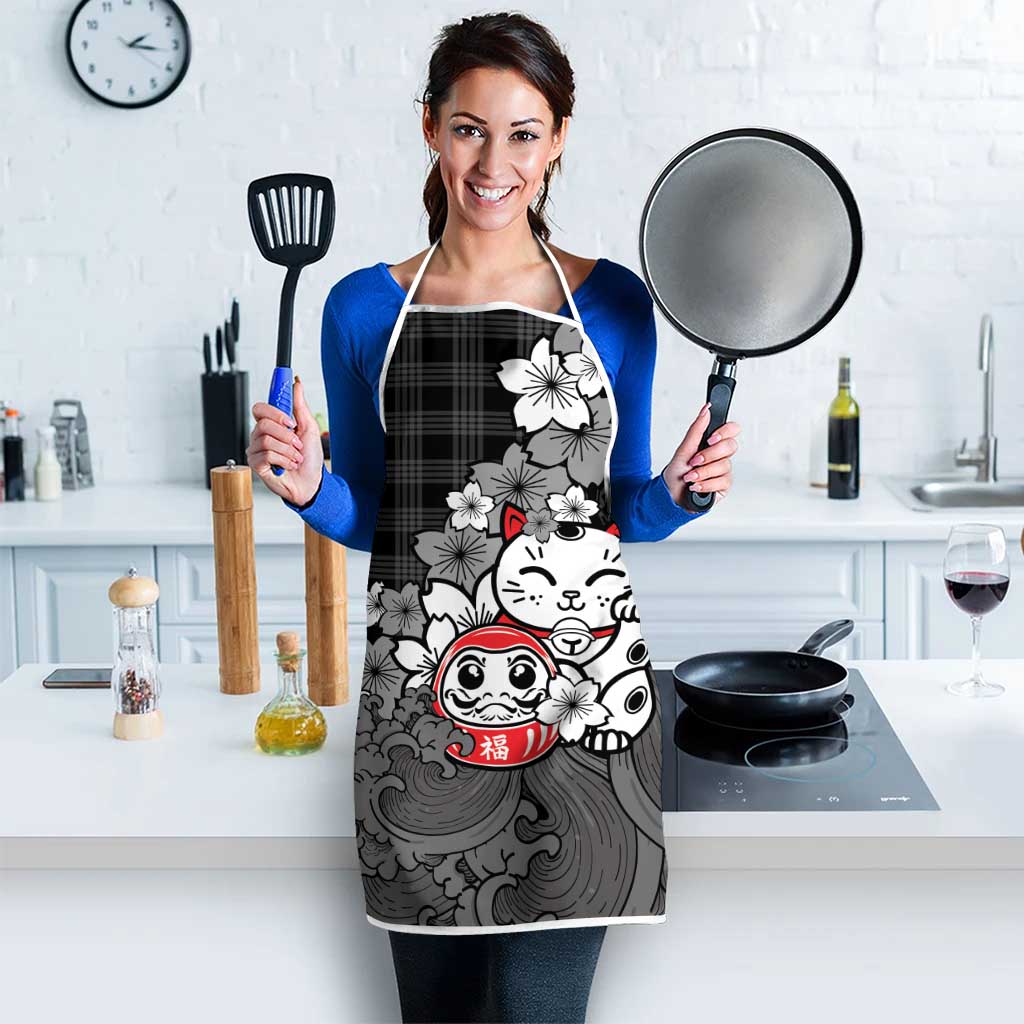 Black Palaka Hawaiian And Japanese Apron Maneki Neko And Sakura Bloom DT05 - Polynesian Pride