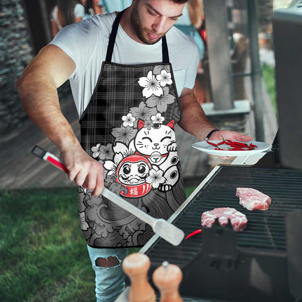 Black Palaka Hawaiian And Japanese Apron Maneki Neko And Sakura Bloom DT05 - Polynesian Pride