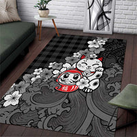 Black Palaka Hawaiian And Japanese Area Rug Maneki Neko And Sakura Bloom DT05 Black - Polynesian Pride
