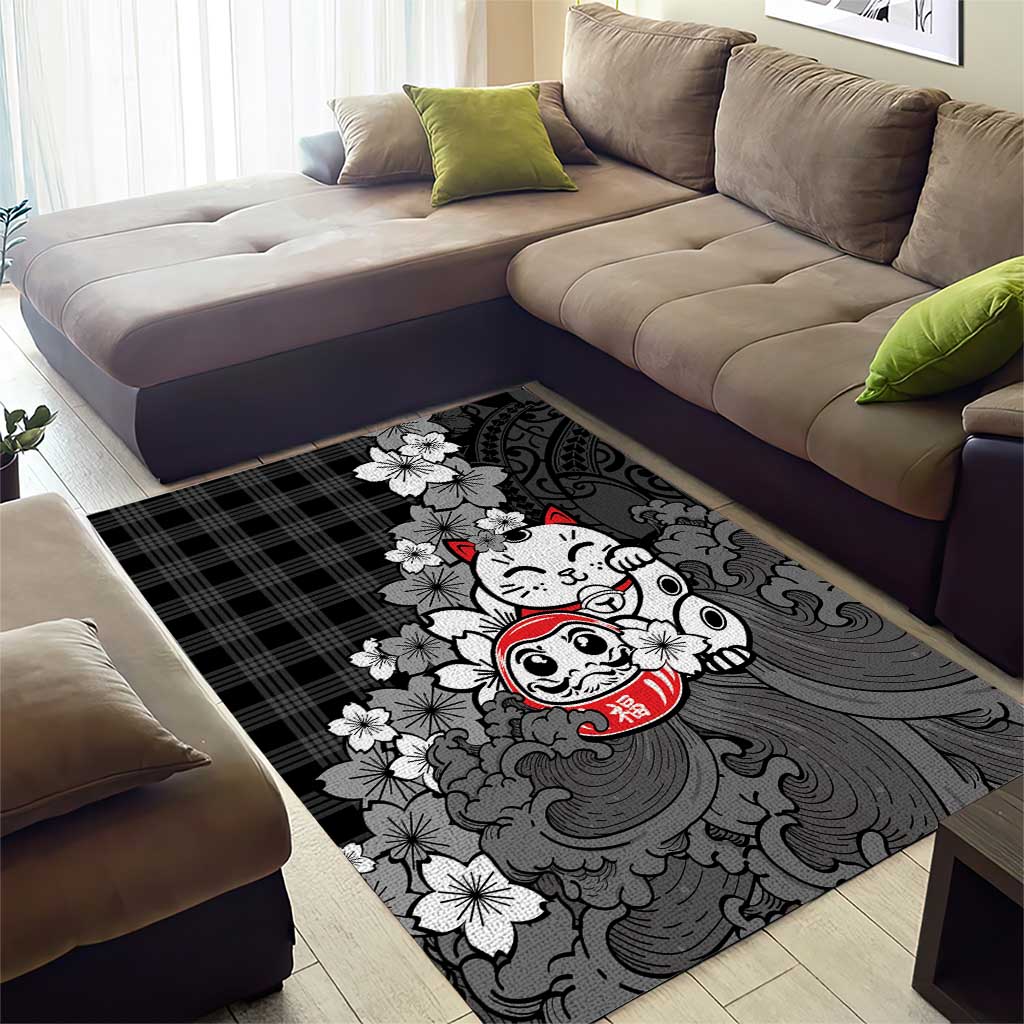 Black Palaka Hawaiian And Japanese Area Rug Maneki Neko And Sakura Bloom DT05 - Polynesian Pride