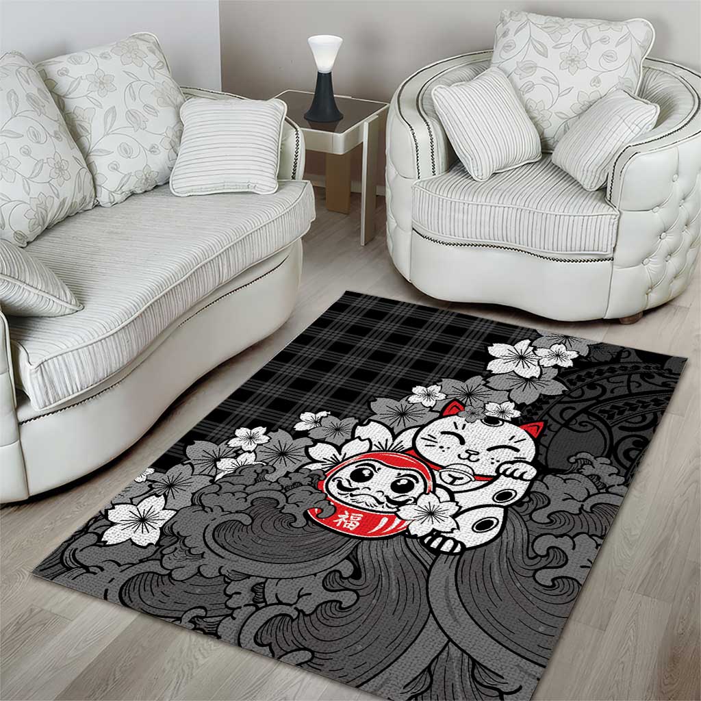 Black Palaka Hawaiian And Japanese Area Rug Maneki Neko And Sakura Bloom DT05 - Polynesian Pride