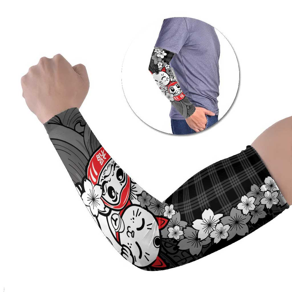 Black Palaka Hawaiian And Japanese Arm Sleeves Maneki Neko And Sakura Bloom