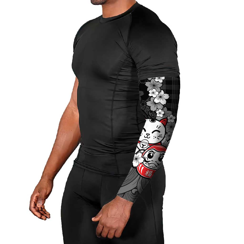 Black Palaka Hawaiian And Japanese Arm Sleeves Maneki Neko And Sakura Bloom DT05 - Polynesian Pride