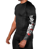 Black Palaka Hawaiian And Japanese Arm Sleeves Maneki Neko And Sakura Bloom DT05 - Polynesian Pride