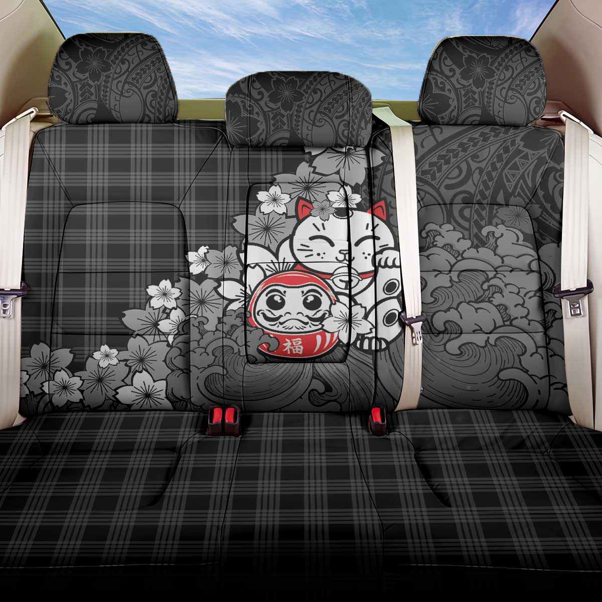 Black Palaka Hawaiian And Japanese Back Car Seat Cover Maneki Neko And Sakura Bloom DT05 One Size Black - Polynesian Pride