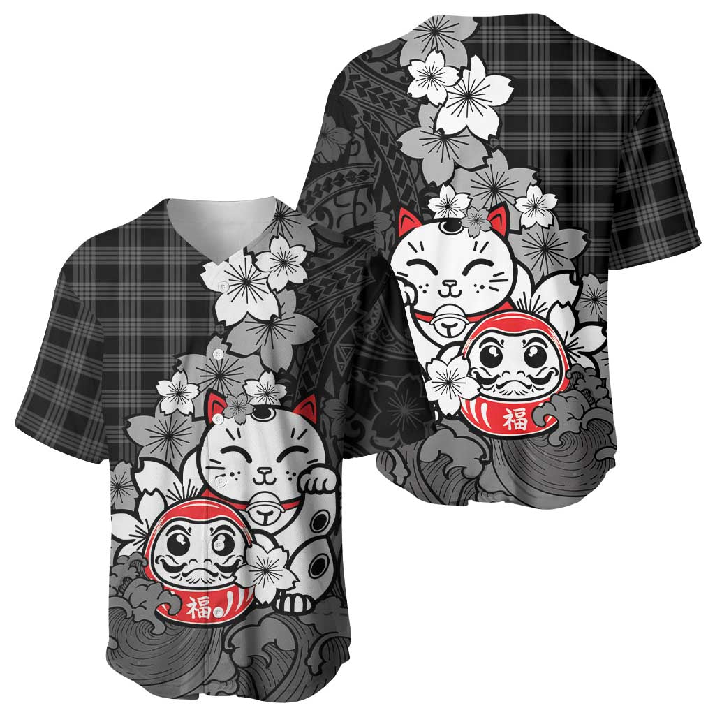 Black Palaka Hawaiian And Japanese Baseball Jersey Maneki Neko And Sakura Bloom DT05 - Polynesian Pride