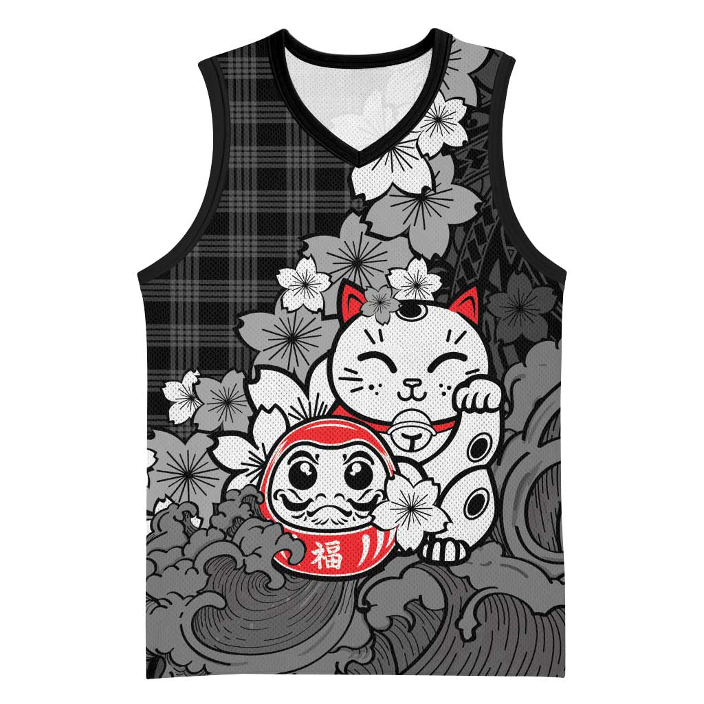 Black Palaka Hawaiian And Japanese Basketball Jersey Maneki Neko And Sakura Bloom DT05 Unisex Black - Polynesian Pride