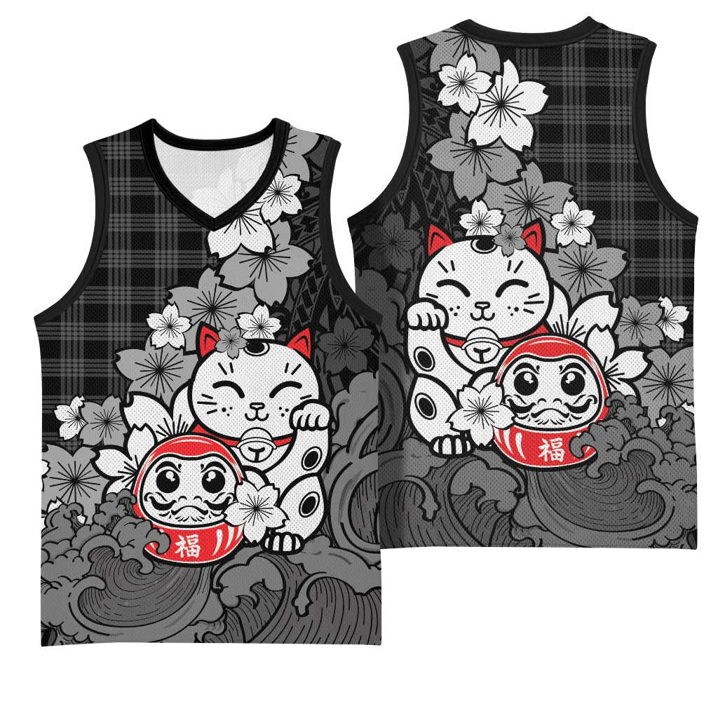 Black Palaka Hawaiian And Japanese Basketball Jersey Maneki Neko And Sakura Bloom DT05 - Polynesian Pride