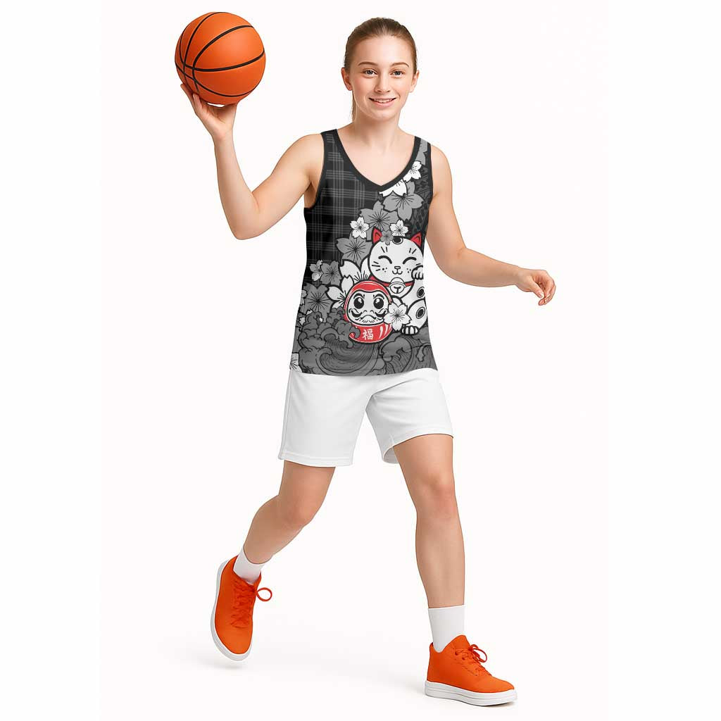 Black Palaka Hawaiian And Japanese Basketball Jersey Maneki Neko And Sakura Bloom DT05 - Polynesian Pride