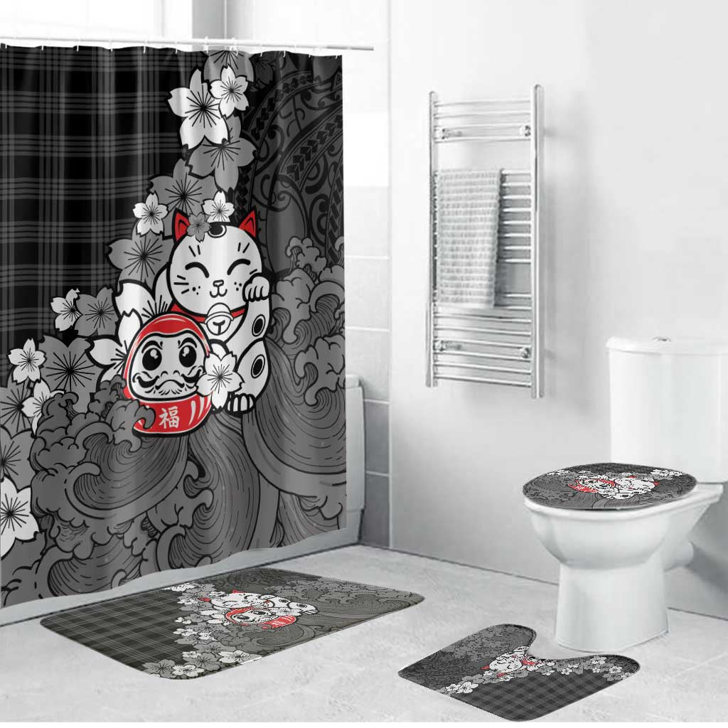 Black Palaka Hawaiian And Japanese Bathroom Set Maneki Neko And Sakura Bloom DT05 Bathroom Set (4 pcs) Black - Polynesian Pride