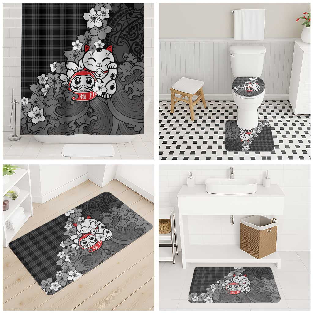 Black Palaka Hawaiian And Japanese Bathroom Set Maneki Neko And Sakura Bloom DT05 - Polynesian Pride