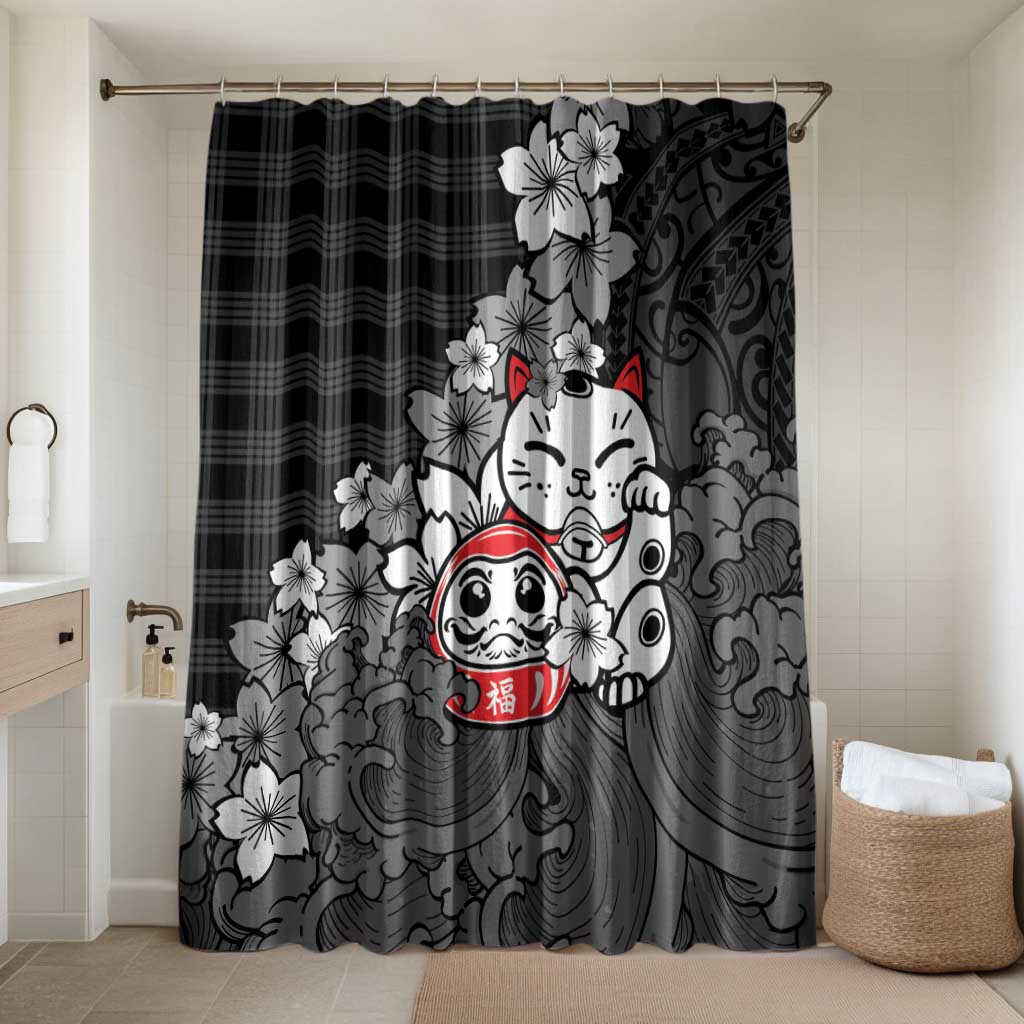 Black Palaka Hawaiian And Japanese Bathroom Set Maneki Neko And Sakura Bloom DT05 Shower Curtain Only Black - Polynesian Pride