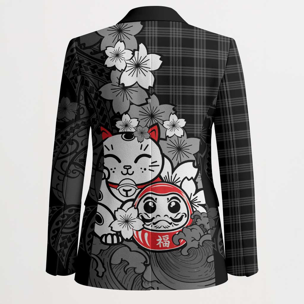 Black Palaka Hawaiian And Japanese Blazer Maneki Neko And Sakura Bloom DT05 - Polynesian Pride