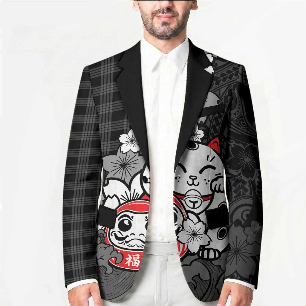 Black Palaka Hawaiian And Japanese Blazer Maneki Neko And Sakura Bloom DT05 - Polynesian Pride