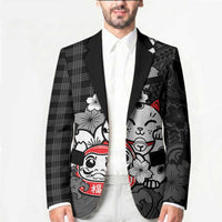 Black Palaka Hawaiian And Japanese Blazer Maneki Neko And Sakura Bloom DT05 - Polynesian Pride