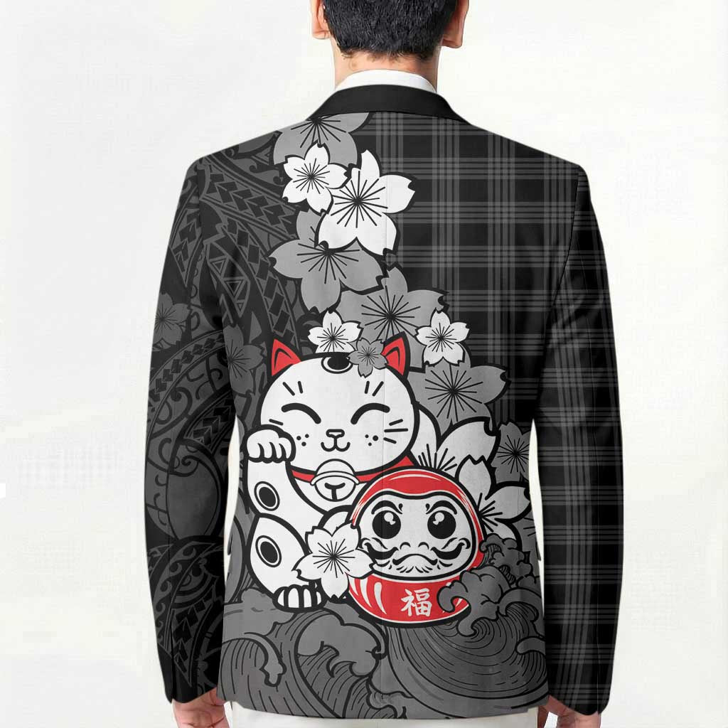 Black Palaka Hawaiian And Japanese Blazer Maneki Neko And Sakura Bloom DT05 - Polynesian Pride