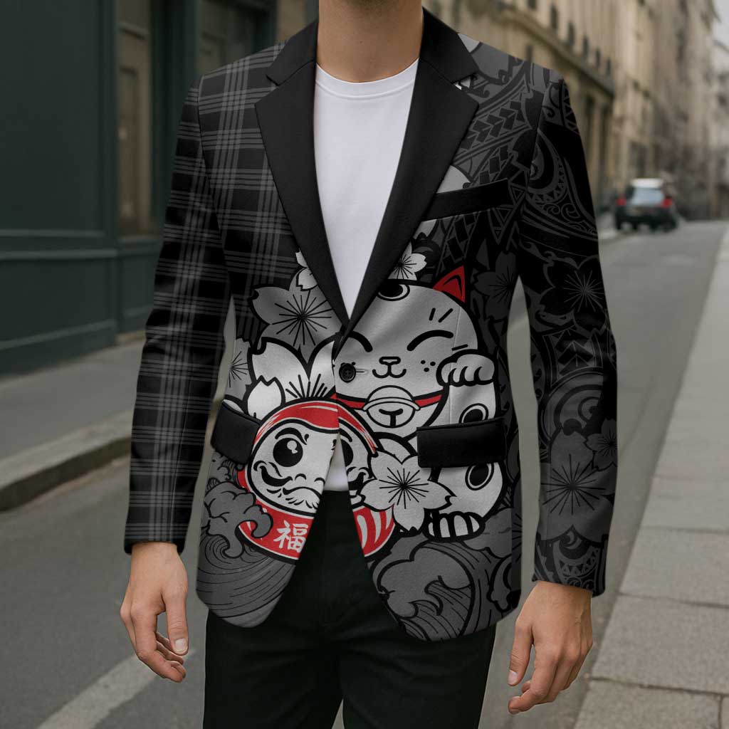 Black Palaka Hawaiian And Japanese Blazer Maneki Neko And Sakura Bloom DT05 - Polynesian Pride