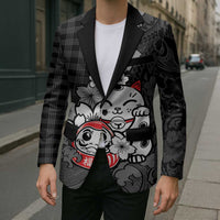 Black Palaka Hawaiian And Japanese Blazer Maneki Neko And Sakura Bloom DT05 - Polynesian Pride