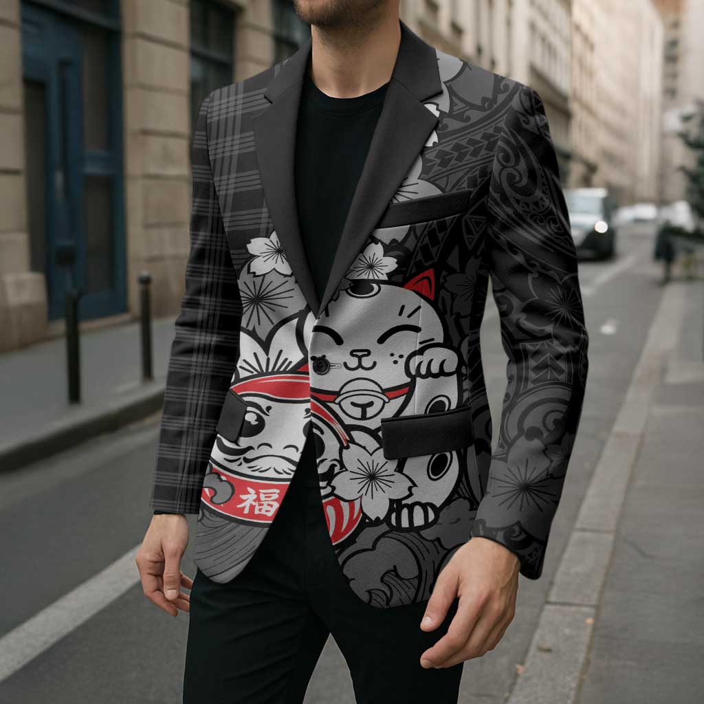 Black Palaka Hawaiian And Japanese Blazer Maneki Neko And Sakura Bloom DT05 - Polynesian Pride