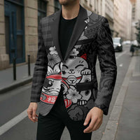 Black Palaka Hawaiian And Japanese Blazer Maneki Neko And Sakura Bloom DT05 - Polynesian Pride