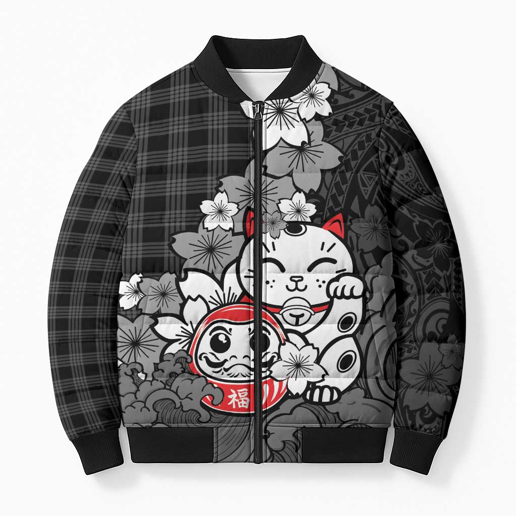 Black Palaka Hawaiian And Japanese Bomber Puffer Jacket Maneki Neko And Sakura Bloom DT05 Unisex Black - Polynesian Pride