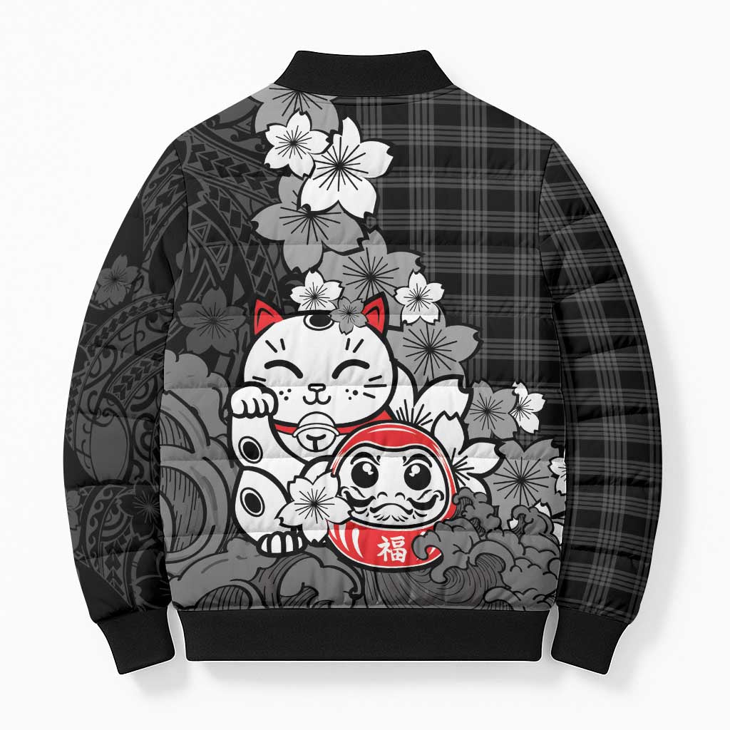 Black Palaka Hawaiian And Japanese Bomber Puffer Jacket Maneki Neko And Sakura Bloom