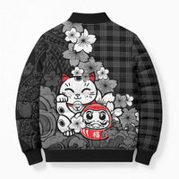 Black Palaka Hawaiian And Japanese Bomber Puffer Jacket Maneki Neko And Sakura Bloom