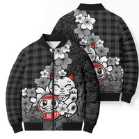 Black Palaka Hawaiian And Japanese Bomber Puffer Jacket Maneki Neko And Sakura Bloom