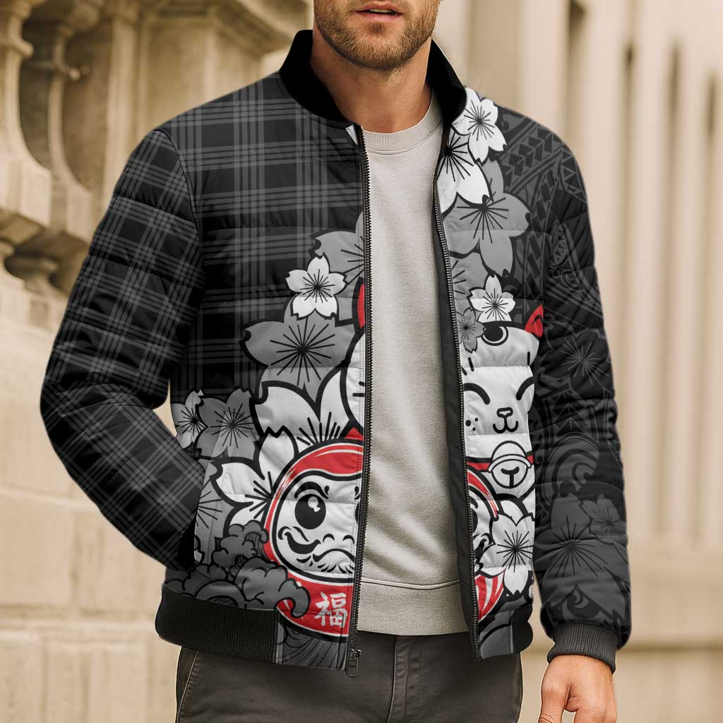 Black Palaka Hawaiian And Japanese Bomber Puffer Jacket Maneki Neko And Sakura Bloom