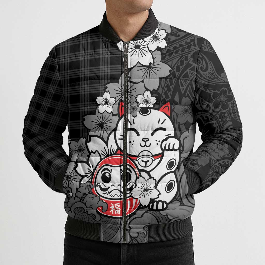 Black Palaka Hawaiian And Japanese Bomber Puffer Jacket Maneki Neko And Sakura Bloom