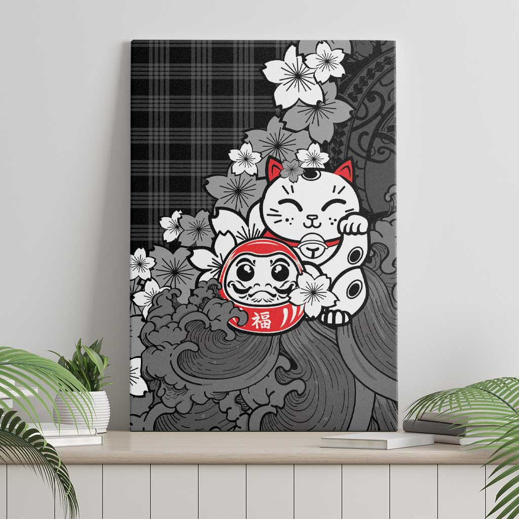 Black Palaka Hawaiian And Japanese Canvas Wall Art Maneki Neko And Sakura Bloom DT05 - Polynesian Pride
