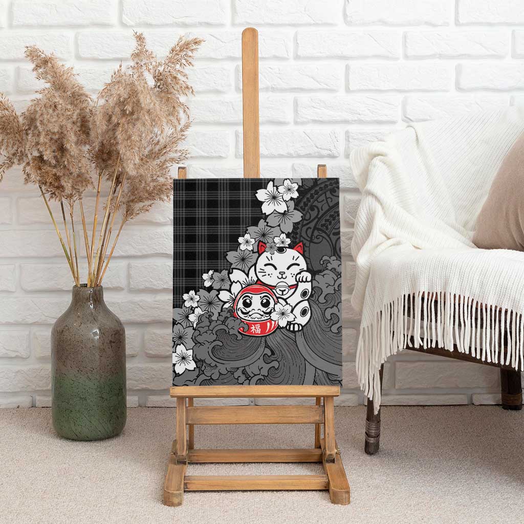 Black Palaka Hawaiian And Japanese Canvas Wall Art Maneki Neko And Sakura Bloom DT05 - Polynesian Pride