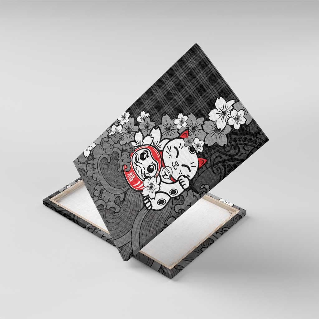 Black Palaka Hawaiian And Japanese Canvas Wall Art Maneki Neko And Sakura Bloom DT05 With Frame Black - Polynesian Pride