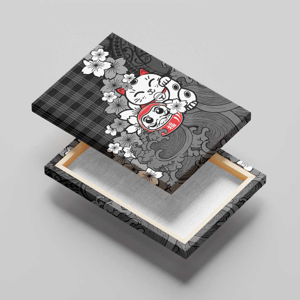 Black Palaka Hawaiian And Japanese Canvas Wall Art Maneki Neko And Sakura Bloom DT05 - Polynesian Pride