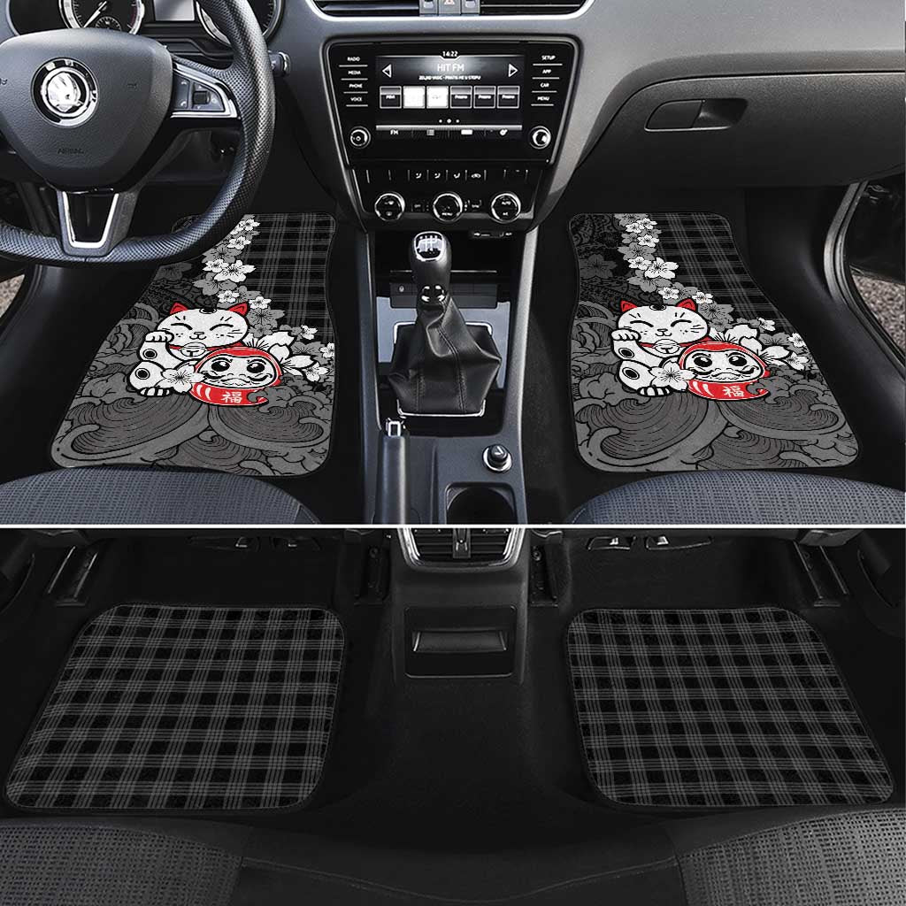 Black Palaka Hawaiian And Japanese Car Mats Maneki Neko And Sakura Bloom DT05 Set 4pcs Black - Polynesian Pride