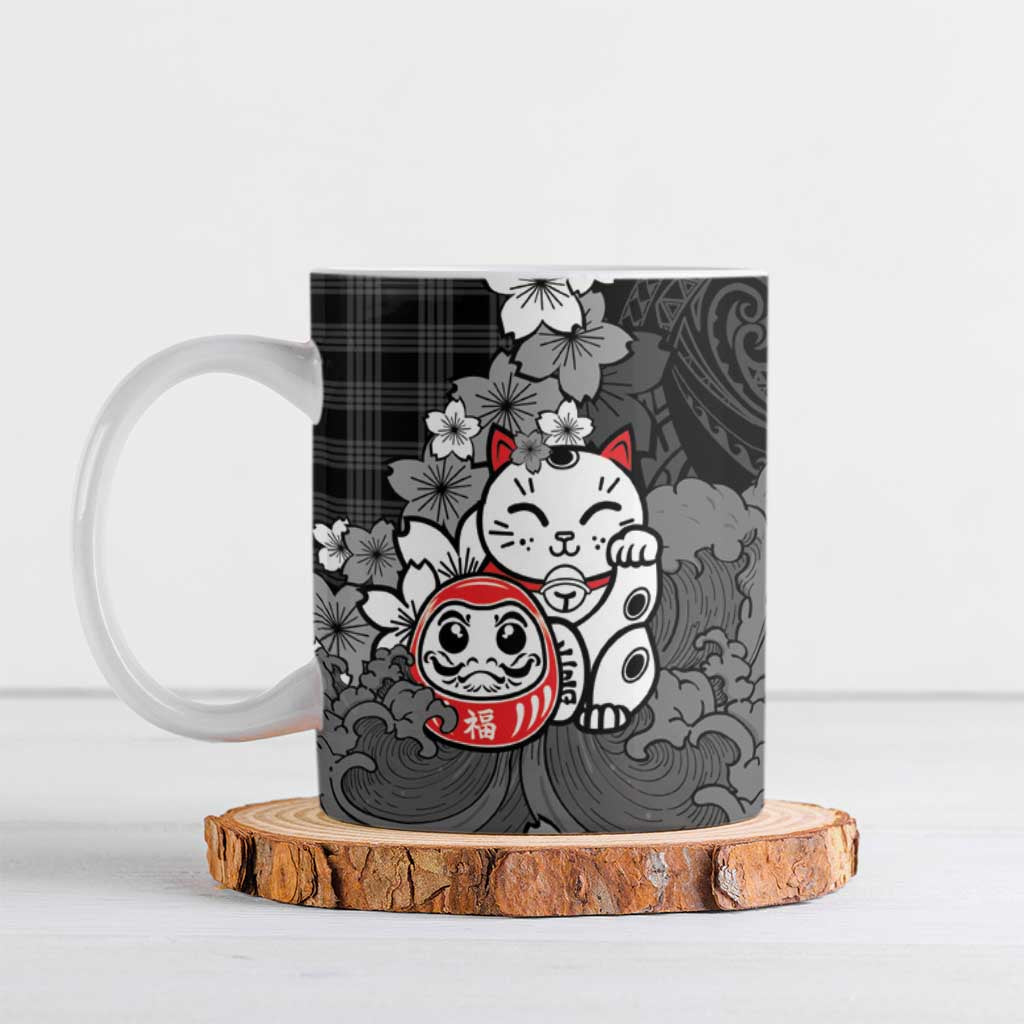 Black Palaka Hawaiian And Japanese Ceramic Mug Maneki Neko And Sakura Bloom DT05 Black - Polynesian Pride
