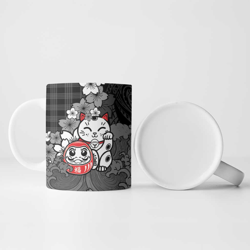 Black Palaka Hawaiian And Japanese Ceramic Mug Maneki Neko And Sakura Bloom DT05 - Polynesian Pride