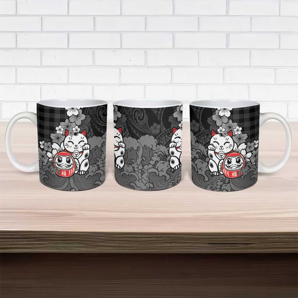 Black Palaka Hawaiian And Japanese Ceramic Mug Maneki Neko And Sakura Bloom DT05 - Polynesian Pride