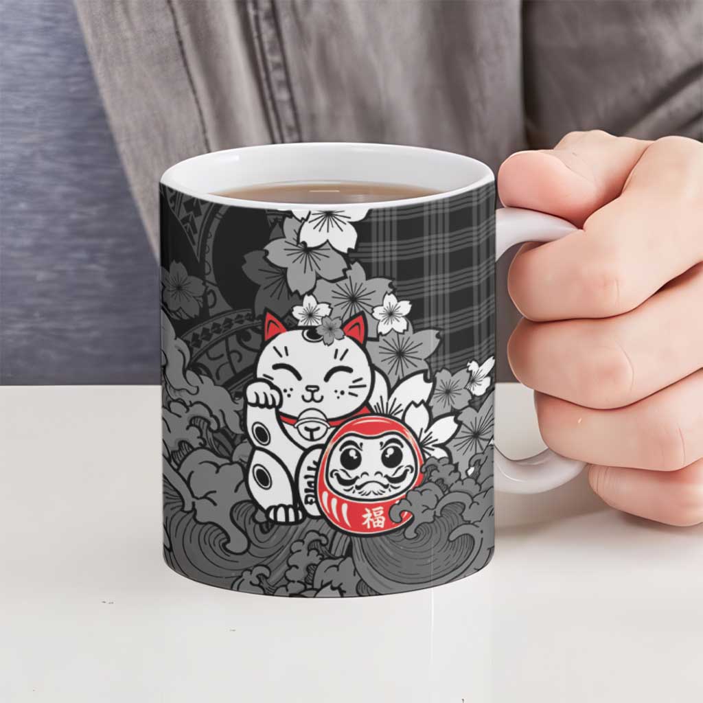 Black Palaka Hawaiian And Japanese Ceramic Mug Maneki Neko And Sakura Bloom DT05 - Polynesian Pride