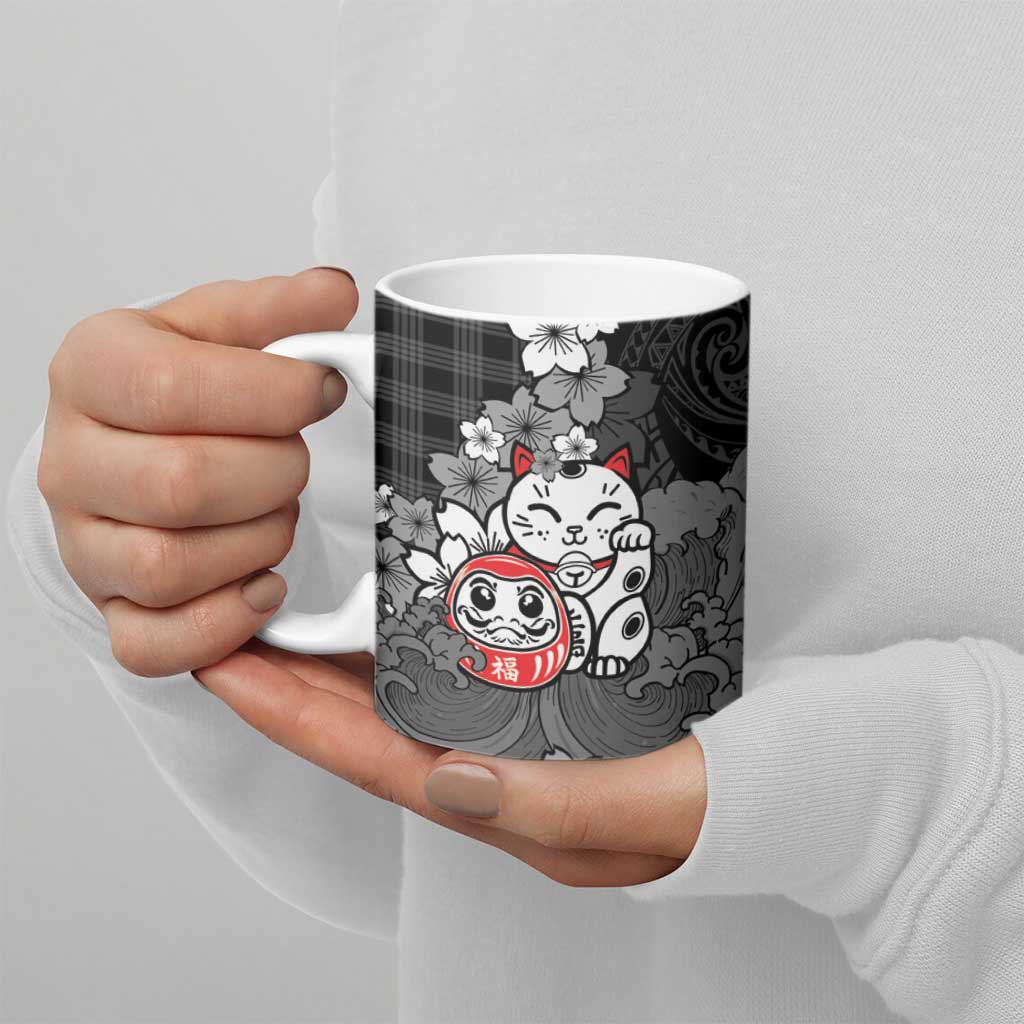 Black Palaka Hawaiian And Japanese Ceramic Mug Maneki Neko And Sakura Bloom DT05 - Polynesian Pride